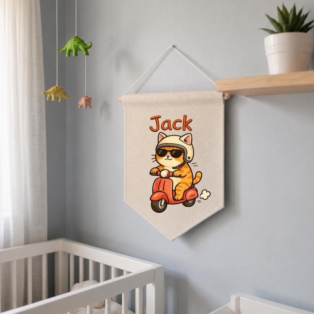 Personalized Ginger Cat Scooter Linen Banner, Embroidered Name Wall Hanging