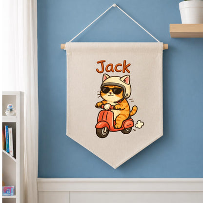 Personalized Ginger Cat Scooter Linen Banner, Embroidered Name Wall Hanging