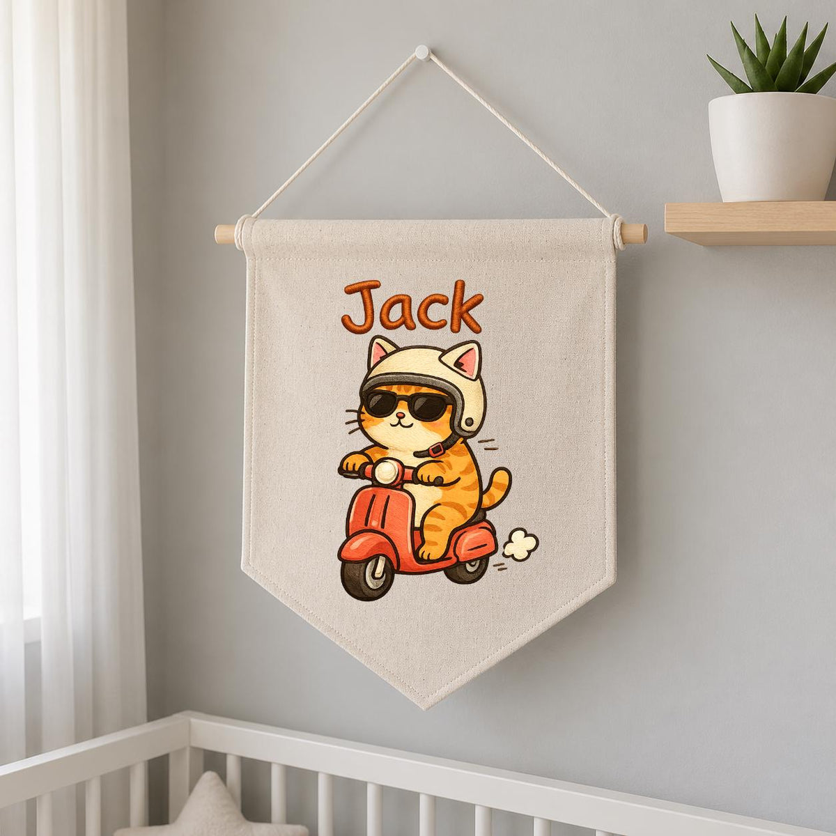 Personalized Ginger Cat Scooter Linen Banner, Embroidered Name Wall Hanging