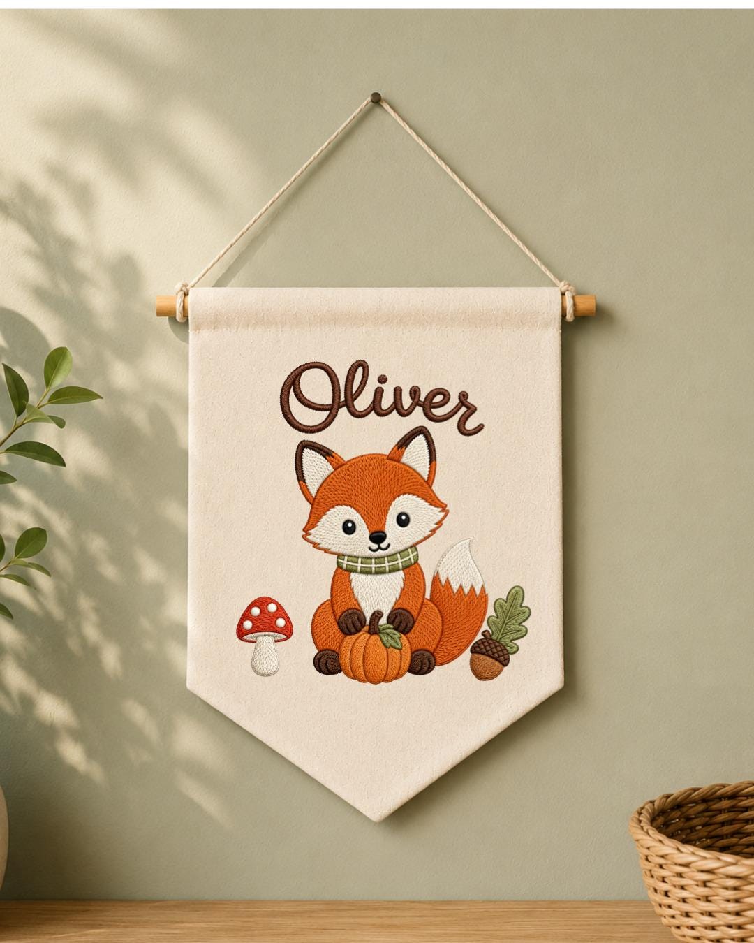 Personalized Fox Nursery Wall Hanging, Custom Name Embroidered Banner, Woodland Fall Baby Room Decor, Cute Forest Animal Nursery Gift
