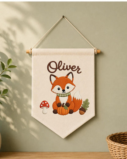 Personalized Fox Nursery Wall Hanging, Custom Name Embroidered Banner, Woodland Fall Baby Room Decor, Cute Forest Animal Nursery Gift