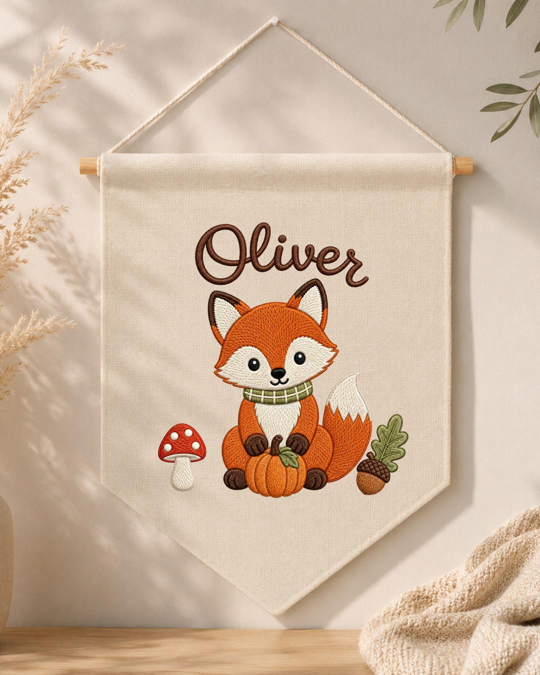 Personalized Fox Nursery Wall Hanging, Custom Name Embroidered Banner, Woodland Fall Baby Room Decor, Cute Forest Animal Nursery Gift