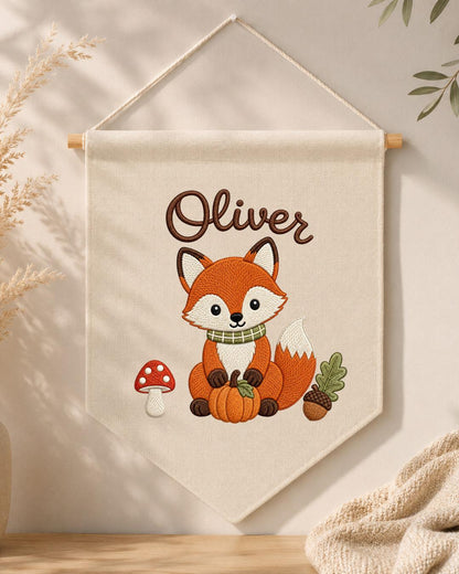 Personalized Fox Nursery Wall Hanging, Custom Name Embroidered Banner, Woodland Fall Baby Room Decor, Cute Forest Animal Nursery Gift