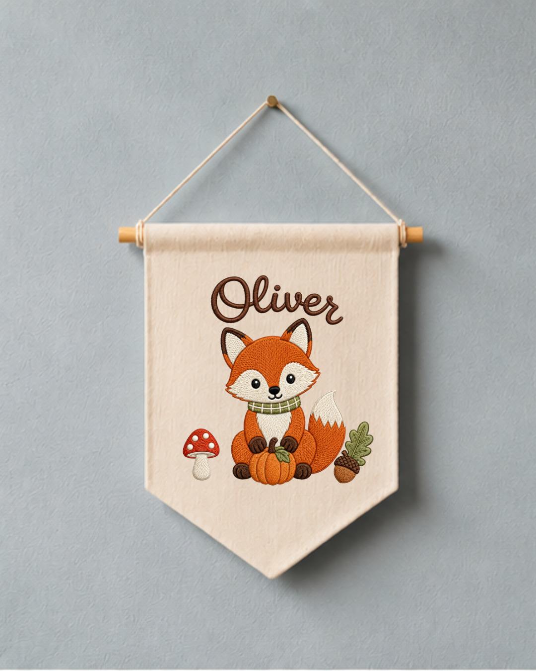 Personalized Fox Nursery Wall Hanging, Custom Name Embroidered Banner, Woodland Fall Baby Room Decor, Cute Forest Animal Nursery Gift