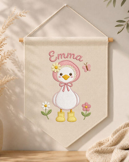 Personalized Goose Nursery Wall Hanging, Custom Name Embroidered Banner, Floral Baby Girl Room Decor, Cute Duck Nursery Gift