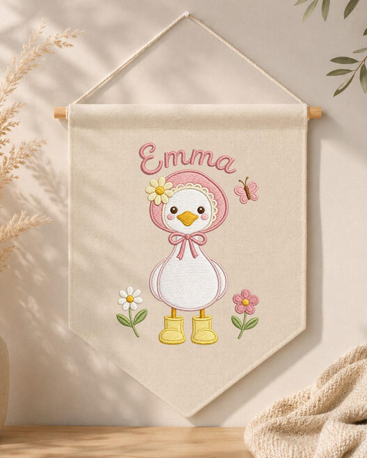 Personalized Goose Nursery Wall Hanging, Custom Name Embroidered Banner, Floral Baby Girl Room Decor, Cute Duck Nursery Gift