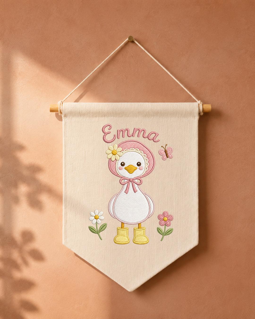Personalized Goose Nursery Wall Hanging, Custom Name Embroidered Banner, Floral Baby Girl Room Decor, Cute Duck Nursery Gift