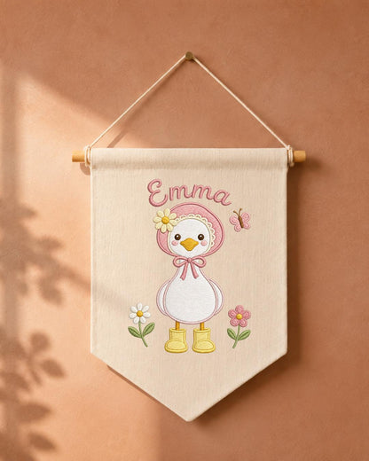 Personalized Goose Nursery Wall Hanging, Custom Name Embroidered Banner, Floral Baby Girl Room Decor, Cute Duck Nursery Gift