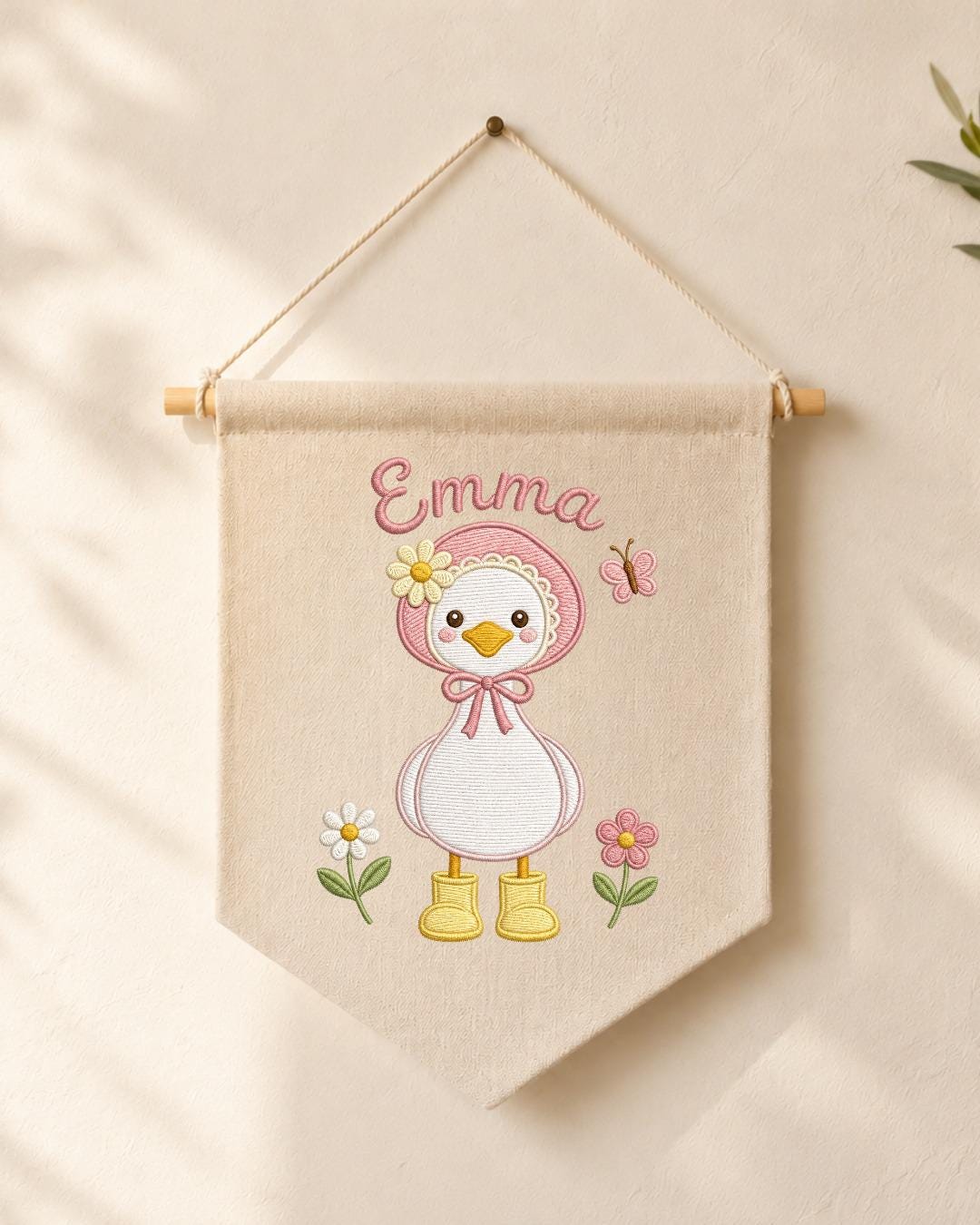 Personalized Goose Nursery Wall Hanging, Custom Name Embroidered Banner, Floral Baby Girl Room Decor, Cute Duck Nursery Gift