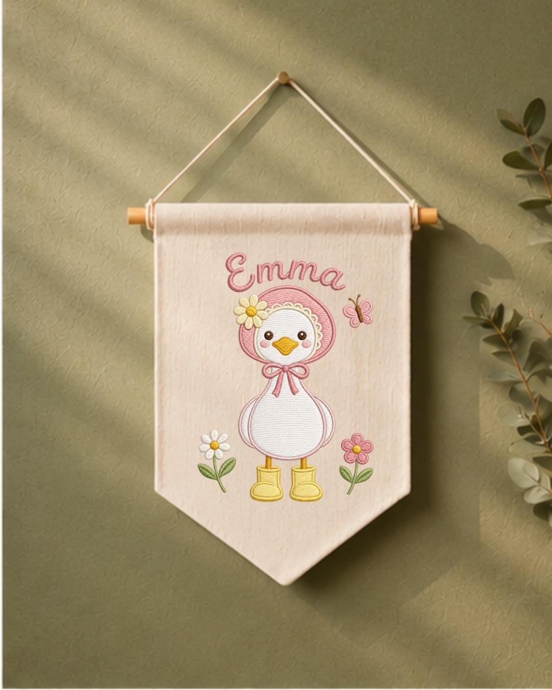 Personalized Goose Nursery Wall Hanging, Custom Name Embroidered Banner, Floral Baby Girl Room Decor, Cute Duck Nursery Gift
