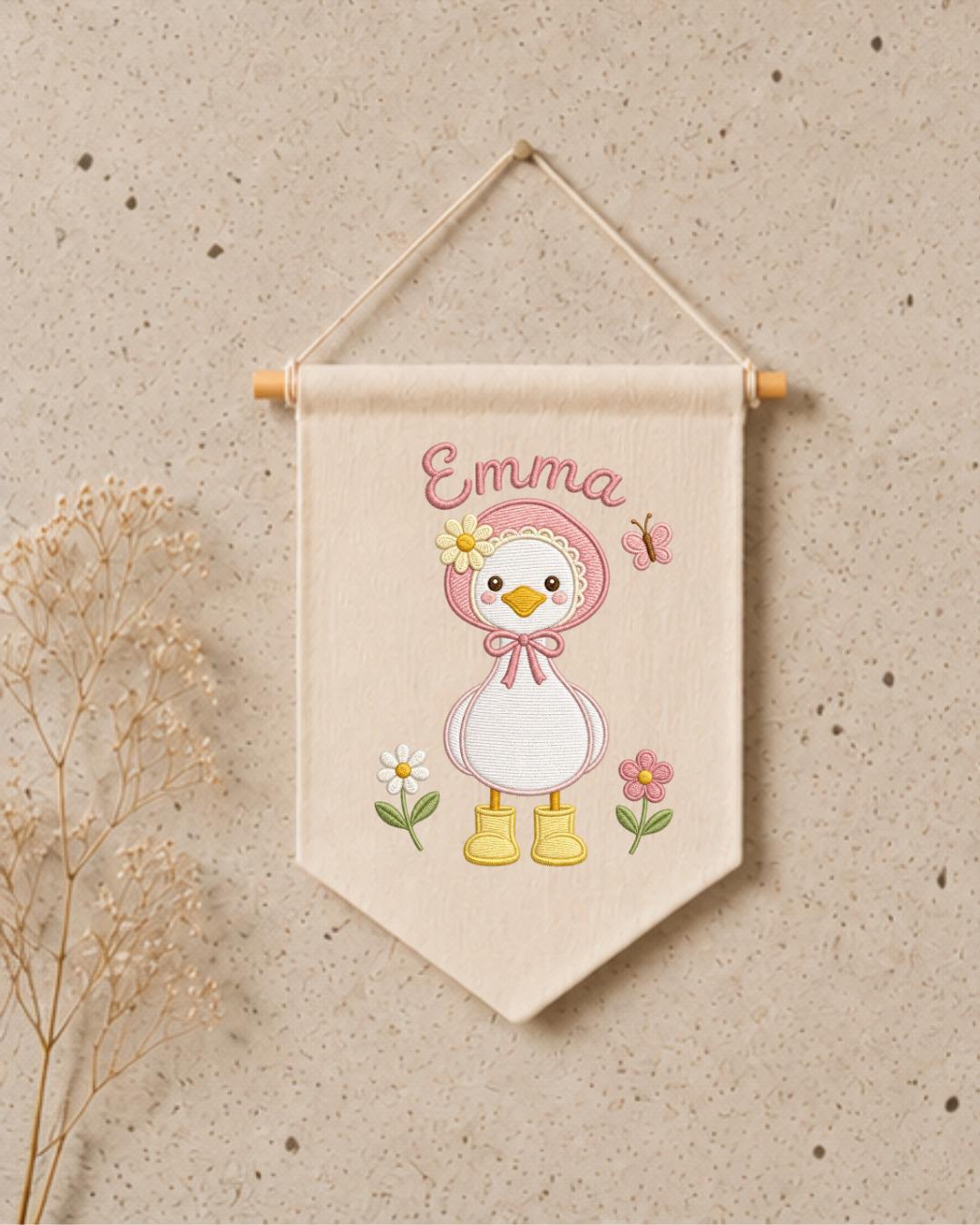 Personalized Goose Nursery Wall Hanging, Custom Name Embroidered Banner, Floral Baby Girl Room Decor, Cute Duck Nursery Gift