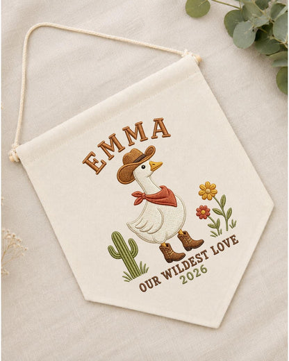 Personalized Cowboy Goose Wall Hanging, Custom Name Embroidered Western Banner, Cowgirl Nursery Decor, Rustic Baby Girl Room Gift
