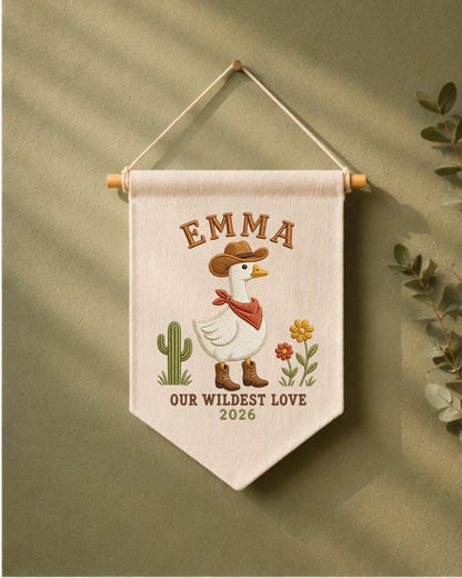 Personalized Cowboy Goose Wall Hanging, Custom Name Embroidered Western Banner, Cowgirl Nursery Decor, Rustic Baby Girl Room Gift