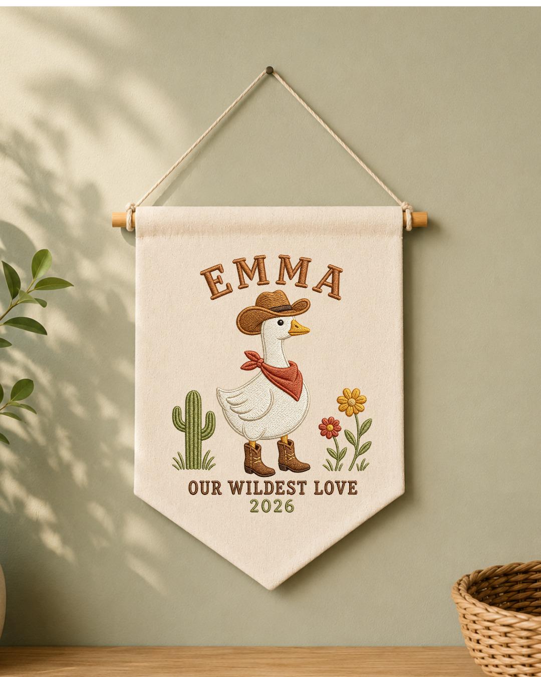 Personalized Cowboy Goose Wall Hanging, Custom Name Embroidered Western Banner, Cowgirl Nursery Decor, Rustic Baby Girl Room Gift