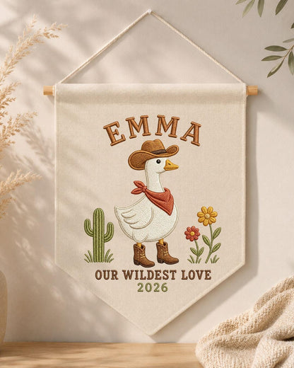 Personalized Cowboy Goose Wall Hanging, Custom Name Embroidered Western Banner, Cowgirl Nursery Decor, Rustic Baby Girl Room Gift