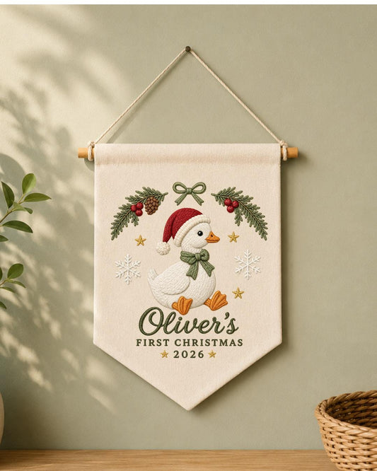 Personalized First Christmas Goose Wall Hanging, Custom Name Embroidered Christmas Banner, Baby Holiday Nursery Decor, Newborn Keepsake Gift