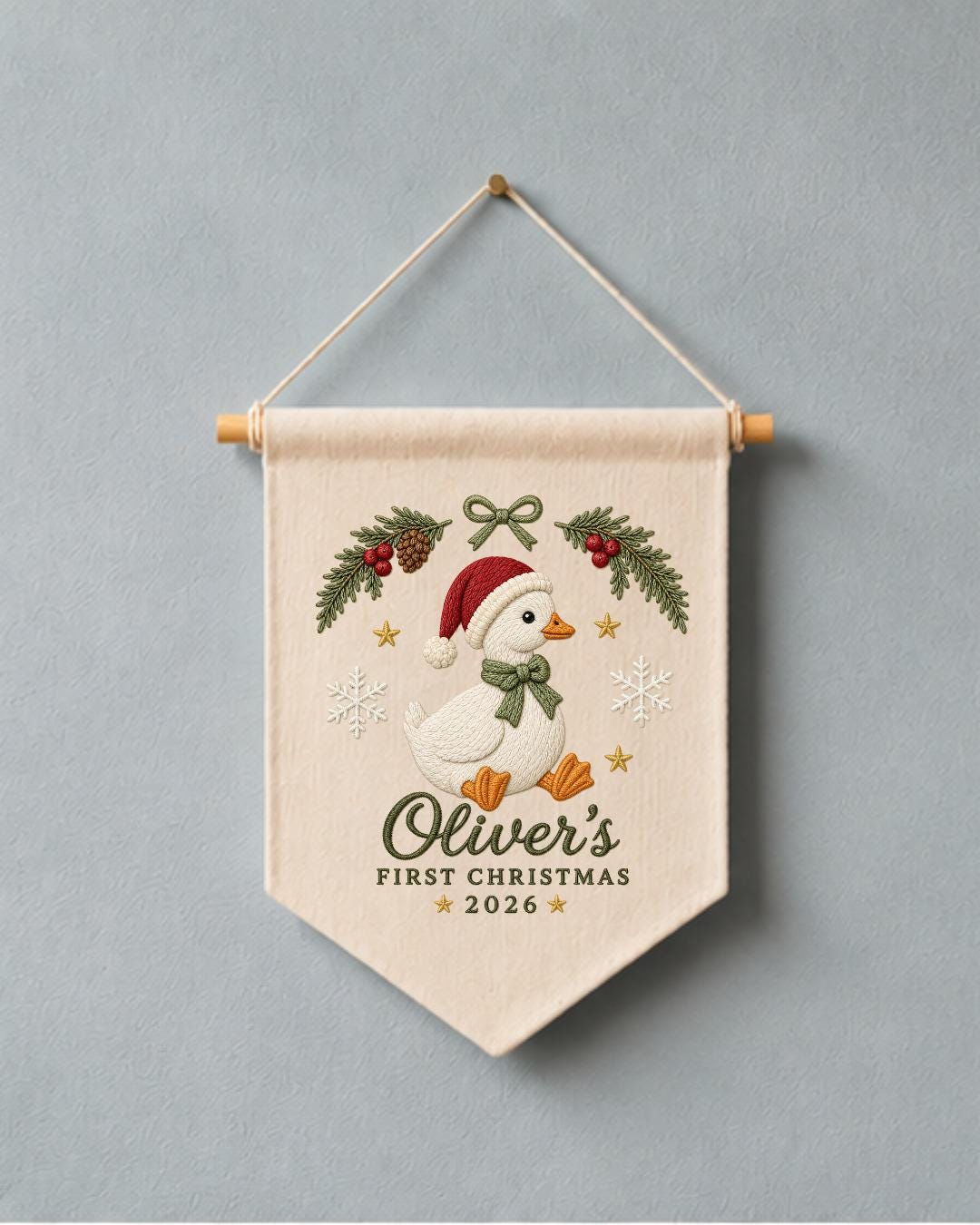 Personalized First Christmas Goose Wall Hanging, Custom Name Embroidered Christmas Banner, Baby Holiday Nursery Decor, Newborn Keepsake Gift