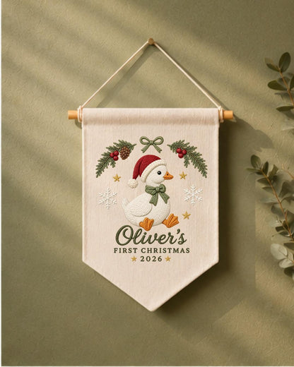 Personalized First Christmas Goose Wall Hanging, Custom Name Embroidered Christmas Banner, Baby Holiday Nursery Decor, Newborn Keepsake Gift