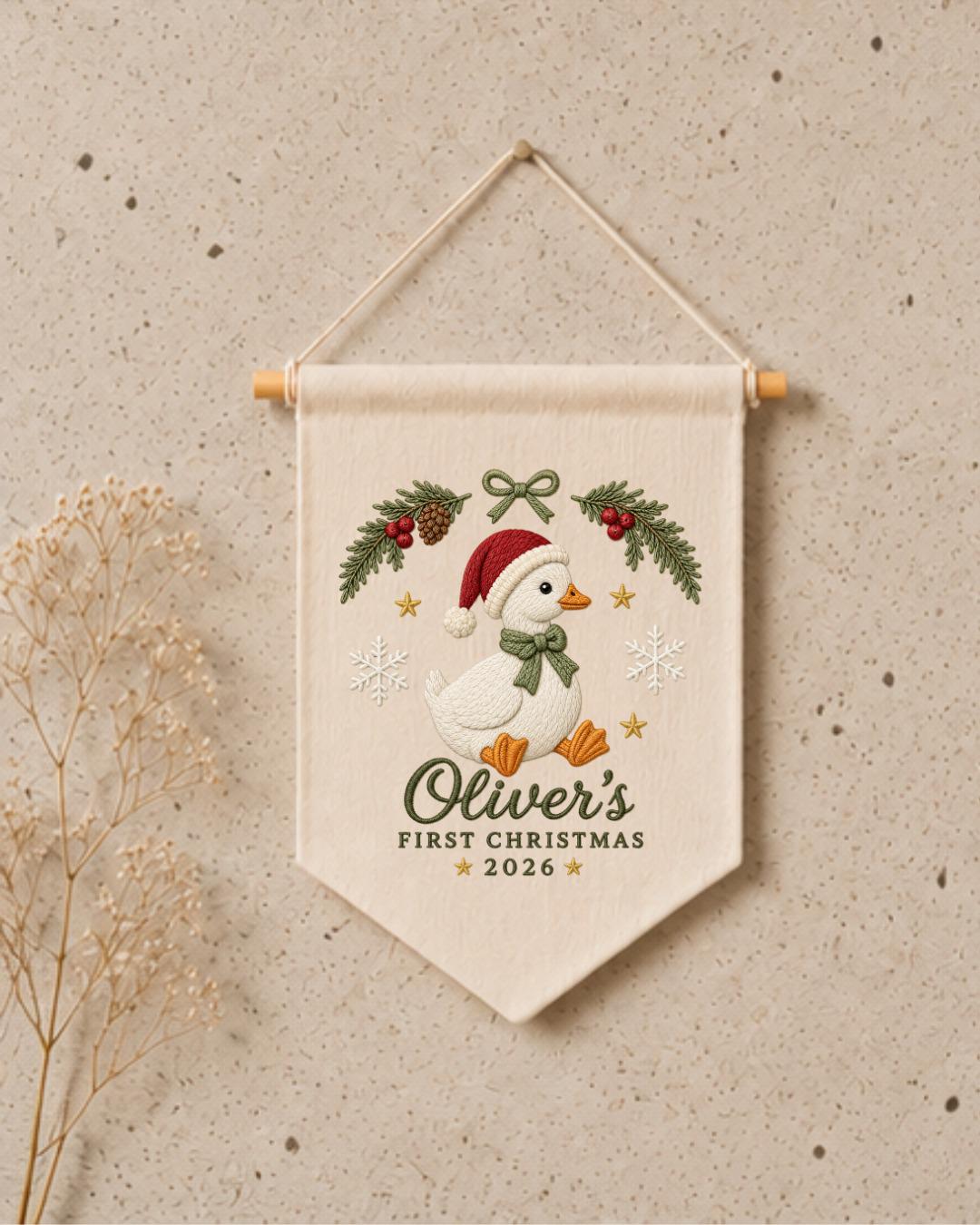 Personalized First Christmas Goose Wall Hanging, Custom Name Embroidered Christmas Banner, Baby Holiday Nursery Decor, Newborn Keepsake Gift