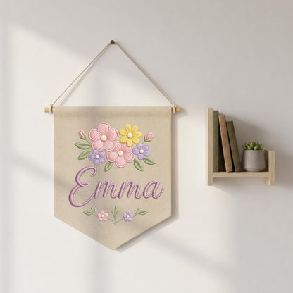 Personalized Pastel Floral Embroidered Banner, Custom Name Baby Girl Nursery Decor
