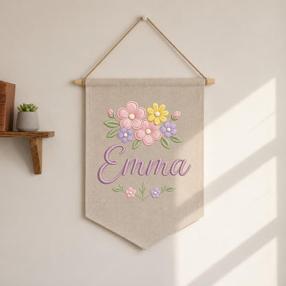 Personalized Pastel Floral Embroidered Banner, Custom Name Baby Girl Nursery Decor