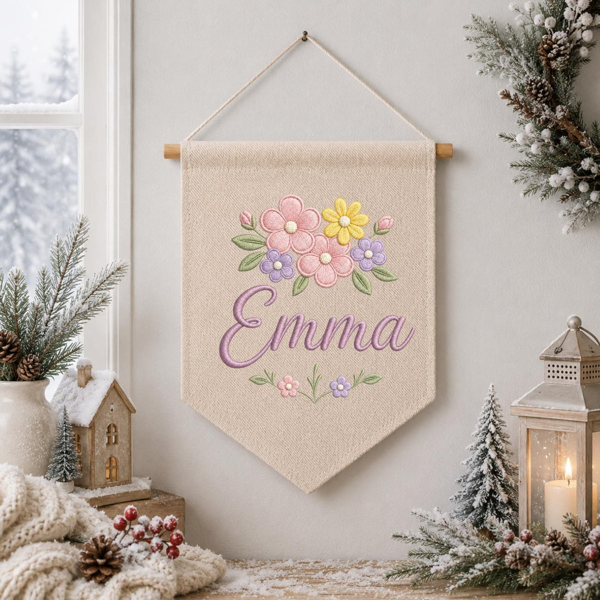 Personalized Pastel Floral Embroidered Banner, Custom Name Baby Girl Nursery Decor