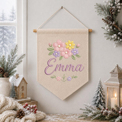 Personalized Pastel Floral Embroidered Banner, Custom Name Baby Girl Nursery Decor