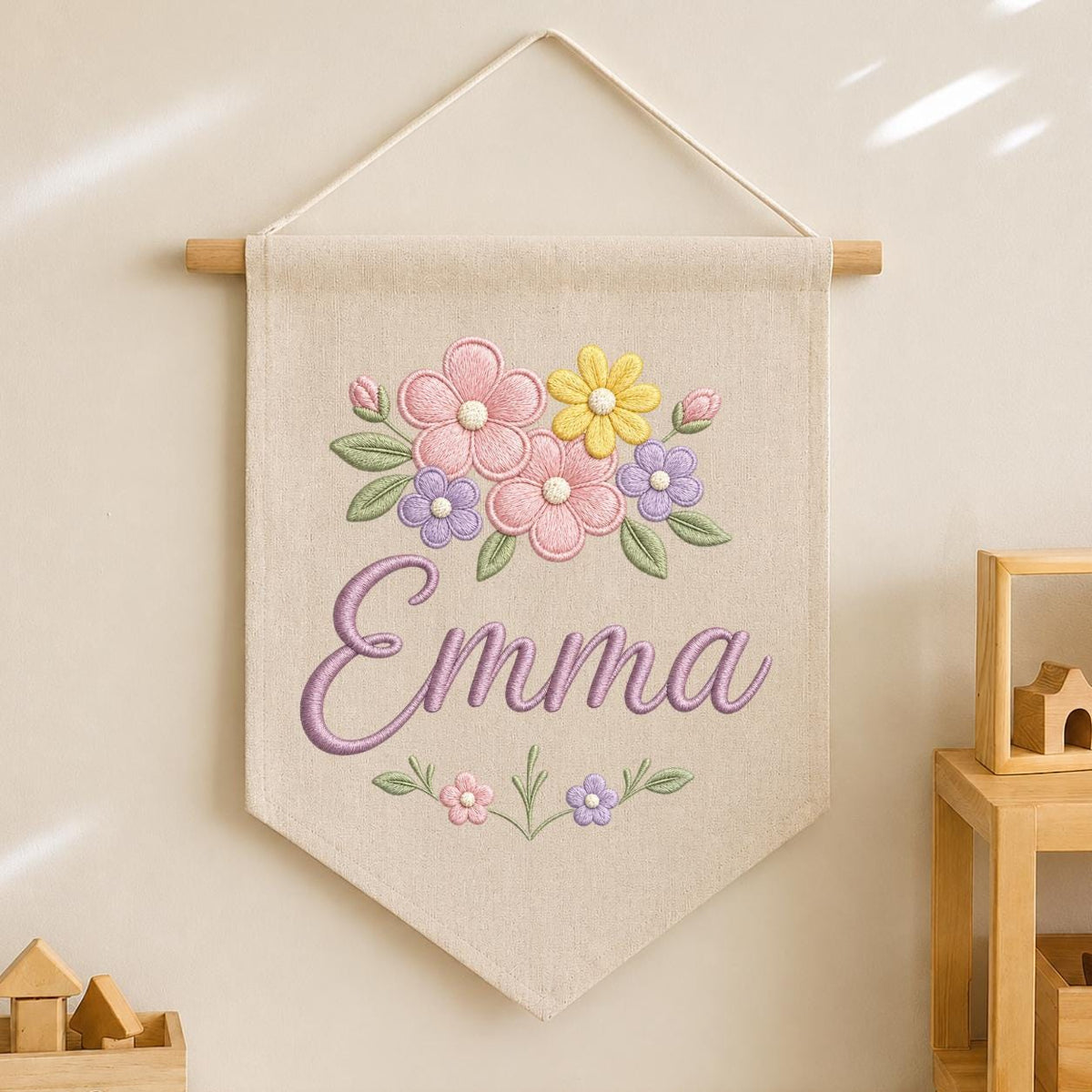 Personalized Pastel Floral Embroidered Banner, Custom Name Baby Girl Nursery Decor