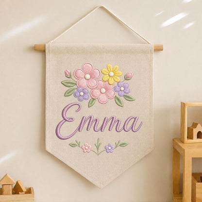 Personalized Pastel Floral Embroidered Banner, Custom Name Baby Girl Nursery Decor