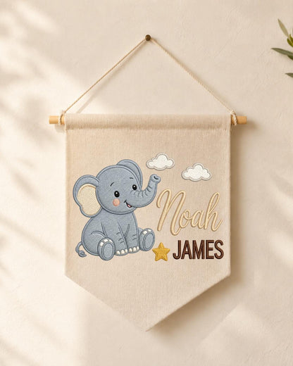 Personalized Elephant Nursery Wall Hanging, Custom Double Name Embroidered Banner, Baby Boy Room Decor, Safari Nursery Gift