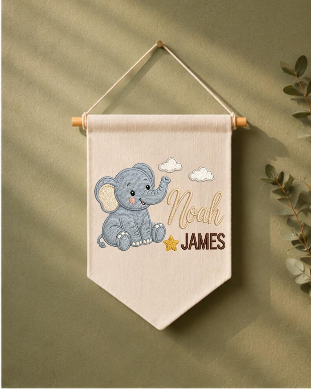 Personalized Elephant Nursery Wall Hanging, Custom Double Name Embroidered Banner, Baby Boy Room Decor, Safari Nursery Gift