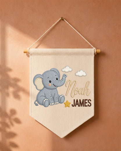 Personalized Elephant Nursery Wall Hanging, Custom Double Name Embroidered Banner, Baby Boy Room Decor, Safari Nursery Gift