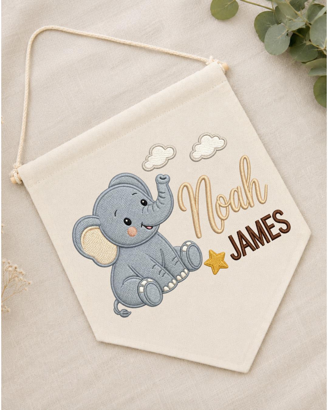 Personalized Elephant Nursery Wall Hanging, Custom Double Name Embroidered Banner, Baby Boy Room Decor, Safari Nursery Gift