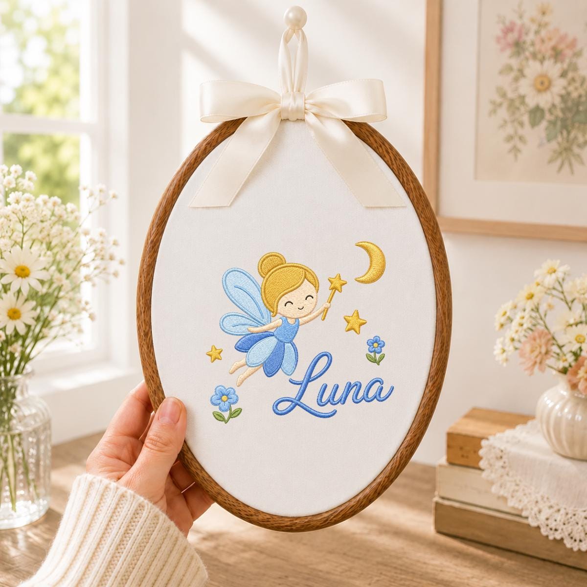 Personalized Embroidered Fairy Hoop Art, Custom Name Nursery Decor