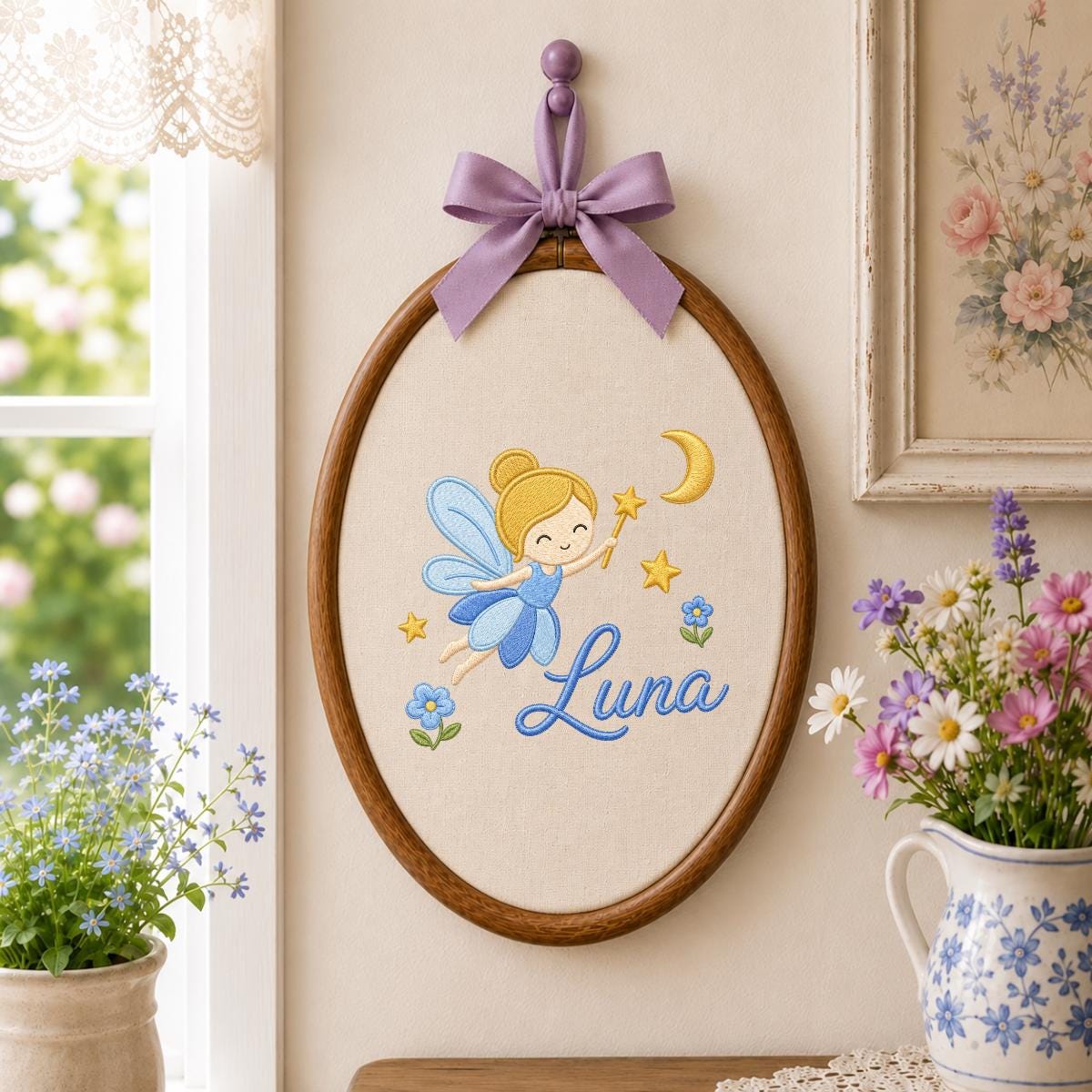 Personalized Embroidered Fairy Hoop Art, Custom Name Nursery Decor