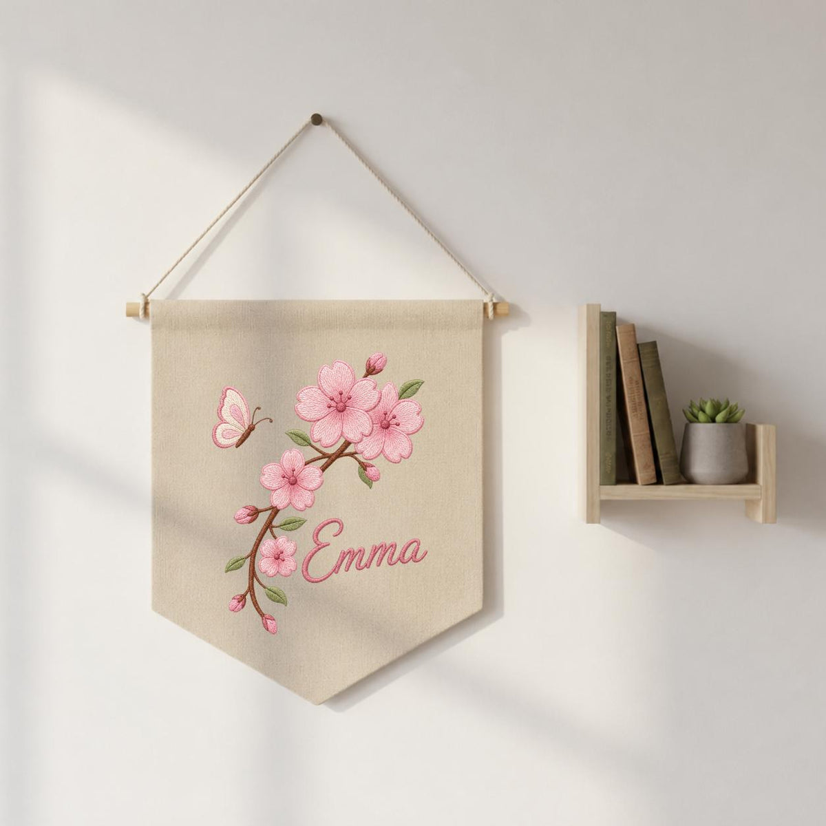 Personalized Embroidered Cherry Blossom Banner, Custom Name Baby Girl Wall Hanging