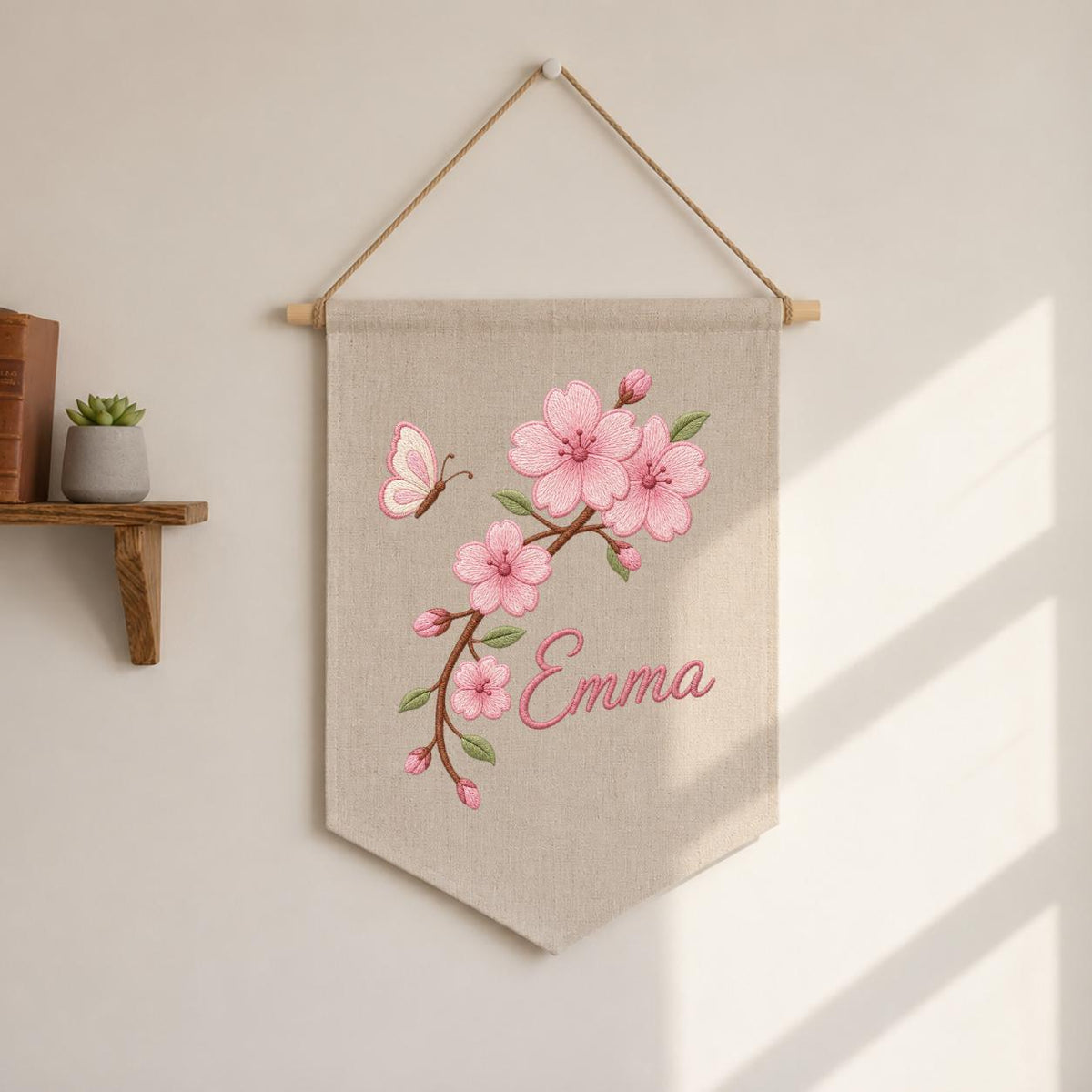 Personalized Embroidered Cherry Blossom Banner, Custom Name Baby Girl Wall Hanging