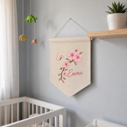 Personalized Embroidered Cherry Blossom Banner, Custom Name Baby Girl Wall Hanging
