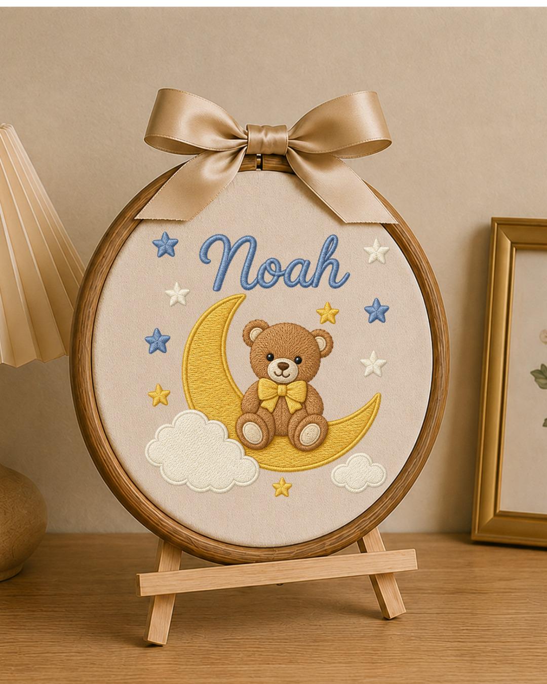 Personalized Embroidered Teddy Bear Ornament, Custom Baby Name Hoop, Moon and Stars Nursery Decor, Baby Boy Gift, Newborn Keepsake