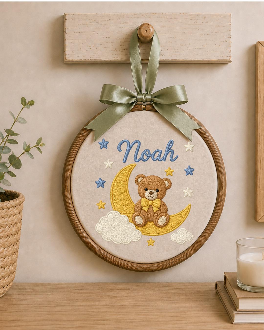 Personalized Embroidered Teddy Bear Ornament, Custom Baby Name Hoop, Moon and Stars Nursery Decor, Baby Boy Gift, Newborn Keepsake