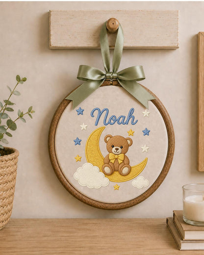 Personalized Embroidered Teddy Bear Ornament, Custom Baby Name Hoop, Moon and Stars Nursery Decor, Baby Boy Gift, Newborn Keepsake