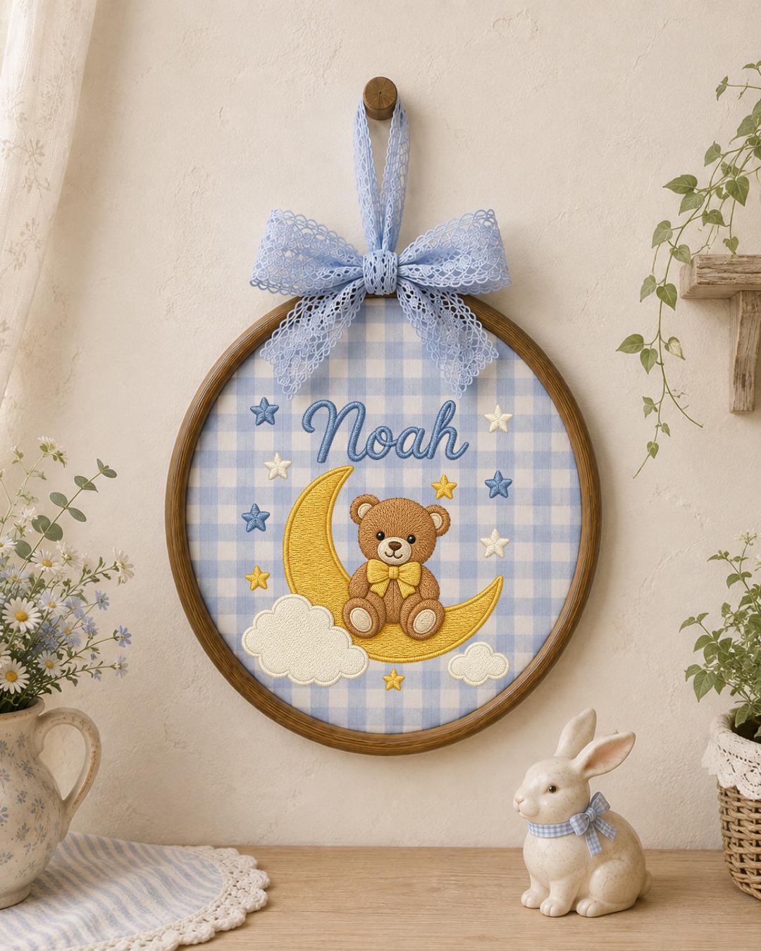 Personalized Embroidered Teddy Bear Ornament, Custom Baby Name Hoop, Moon and Stars Nursery Decor, Baby Boy Gift, Newborn Keepsake