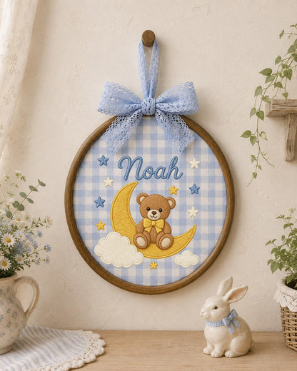 Personalized Embroidered Teddy Bear Ornament, Custom Baby Name Hoop, Moon and Stars Nursery Decor, Baby Boy Gift, Newborn Keepsake