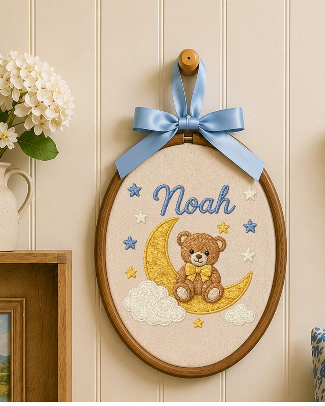 Personalized Embroidered Teddy Bear Ornament, Custom Baby Name Hoop, Moon and Stars Nursery Decor, Baby Boy Gift, Newborn Keepsake