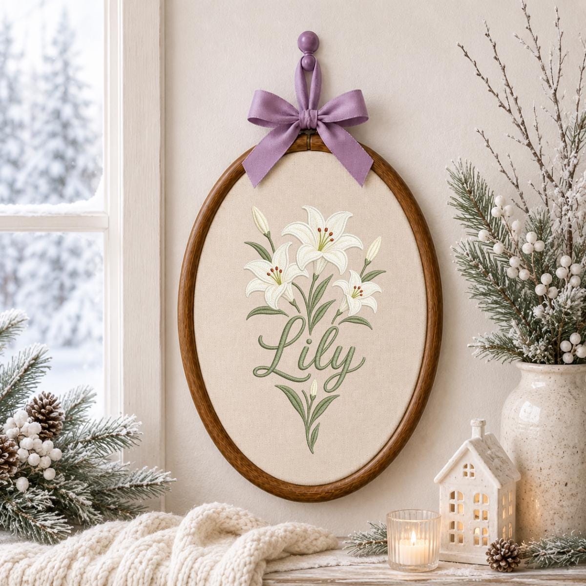 Personalized Embroidered Hoop Art, White Lily Floral Nursery Decor, Custom Name Wall Hanging
