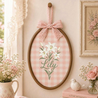 Personalized Embroidered Hoop Art, White Lily Floral Nursery Decor, Custom Name Wall Hanging