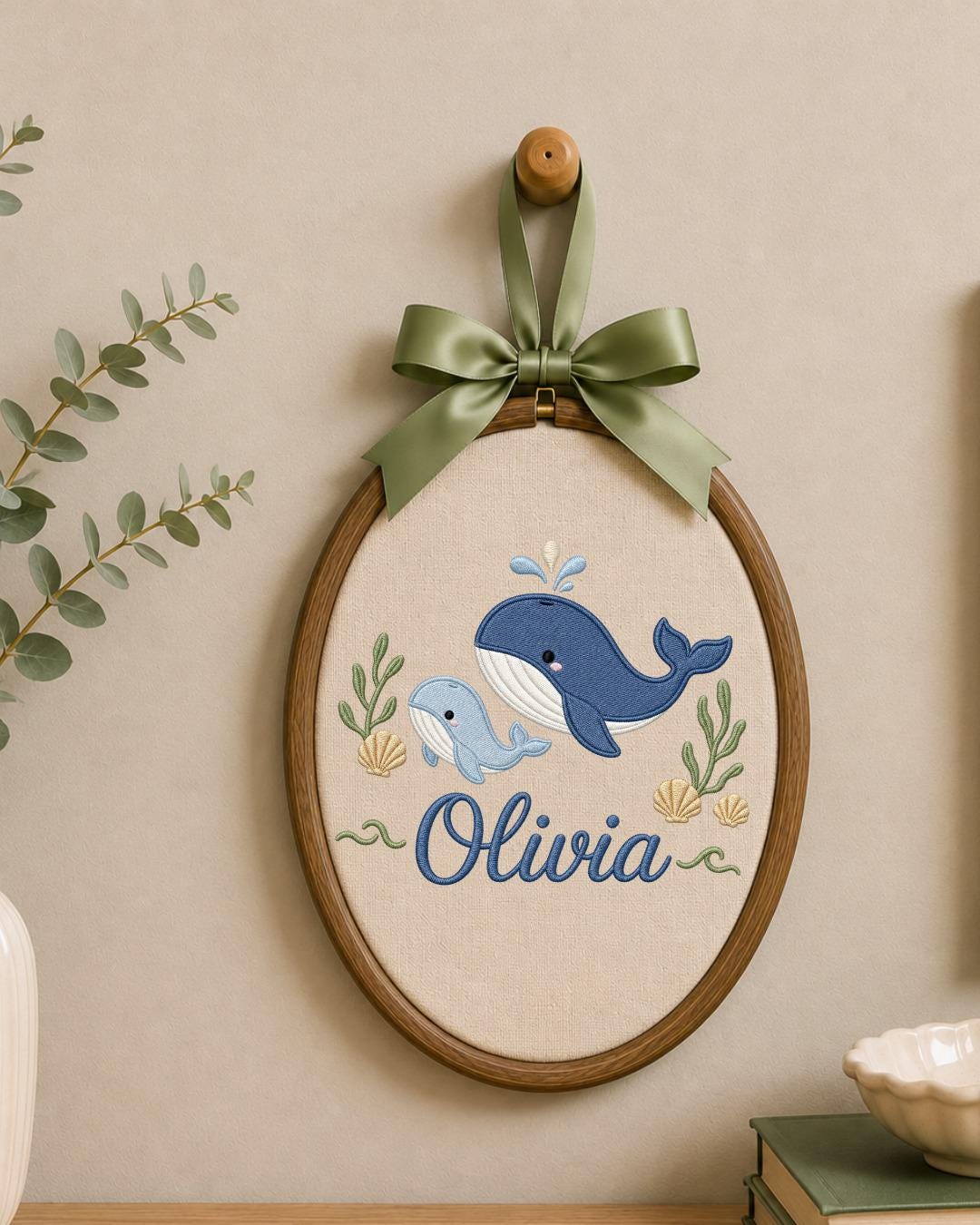 Personalized Embroidered Whale Ornament, Custom Baby Name Hoop, Ocean Nursery Wall Decor, Baby Girl Gift, Newborn Keepsake