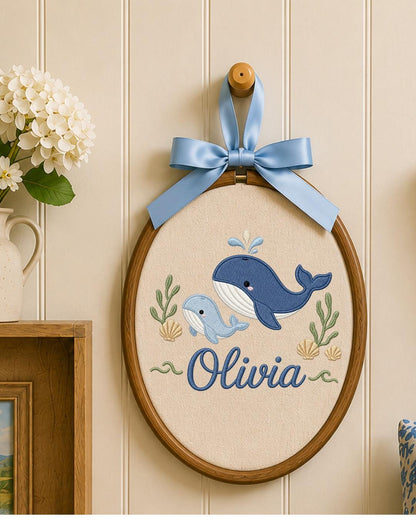 Personalized Embroidered Whale Ornament, Custom Baby Name Hoop, Ocean Nursery Wall Decor, Baby Girl Gift, Newborn Keepsake
