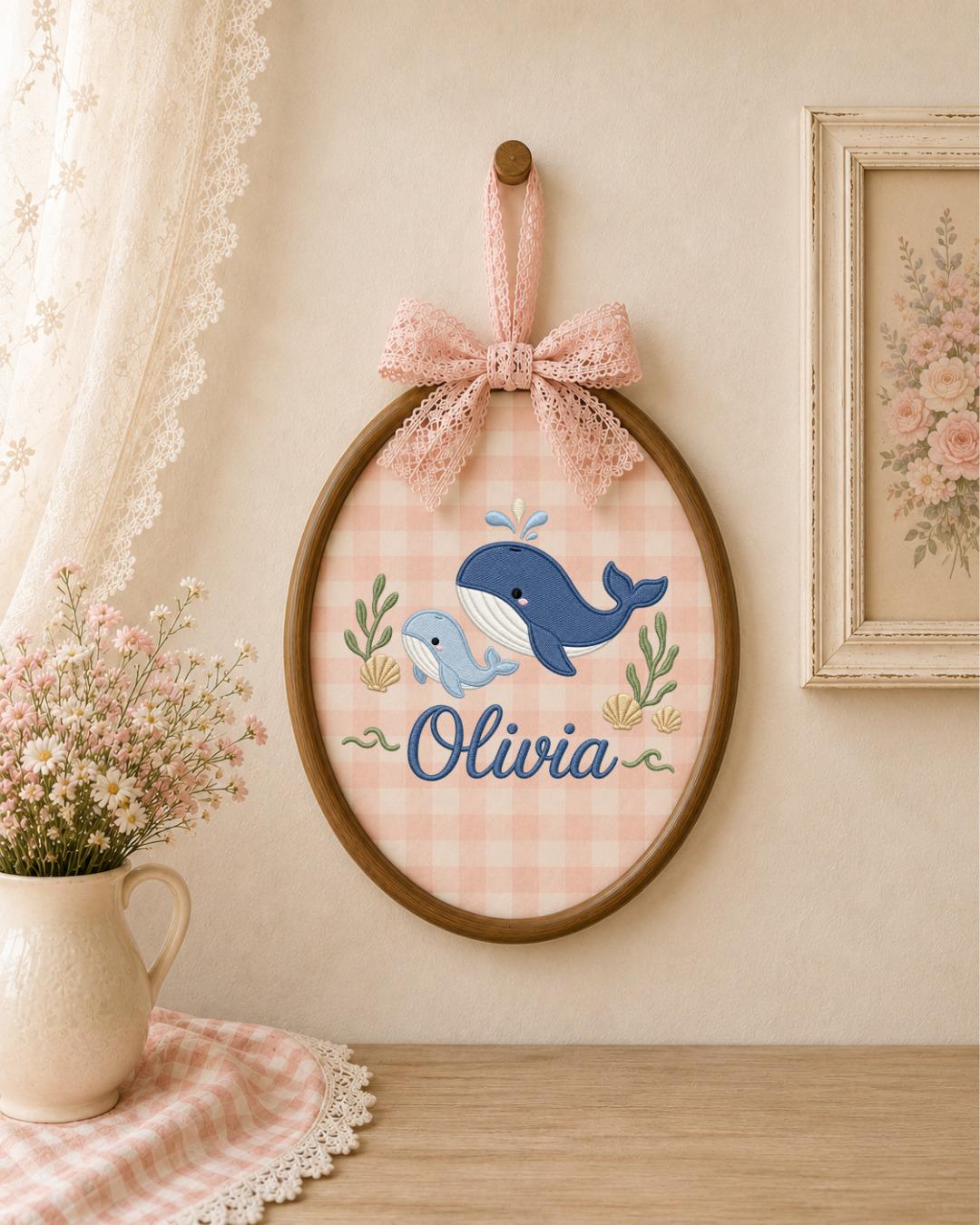Personalized Embroidered Whale Ornament, Custom Baby Name Hoop, Ocean Nursery Wall Decor, Baby Girl Gift, Newborn Keepsake