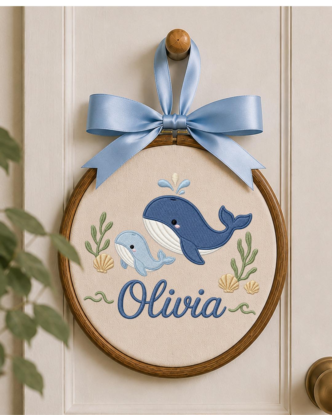 Personalized Embroidered Whale Ornament, Custom Baby Name Hoop, Ocean Nursery Wall Decor, Baby Girl Gift, Newborn Keepsake